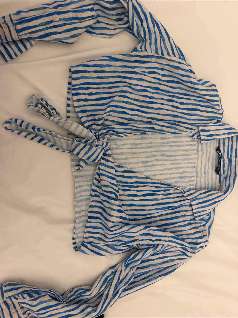 Striped Blue Wrap Crop Top - Lightweight Tie Front